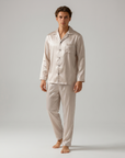 Men's Ice Silk Pajamas – Long Sleeve Pants Set for Spring and Autumn, Casual Summer Silk Suit