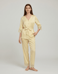 Women’s 100% Mulberry Silk Pajama Set – Lace Trim Long Sleeve with Belt