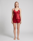 Women’s Silk Cami Pajama Set – Sleeveless Lace Trim Top with Front-Tie Bow and Matching Shorts