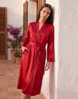Long Sleeve V-Neck Belted Silk Robe for Women