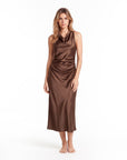 Elegant Sleeveless Silk Satin Midi Dress for Women – Chic Summer Fashion in Solid Color