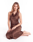 Elegant Sleeveless Silk Satin Midi Dress for Women – Chic Summer Fashion in Solid Color