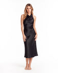 Elegant Sleeveless Silk Satin Midi Dress for Women – Chic Summer Fashion in Solid Color