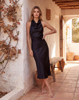 Elegant Sleeveless Silk Satin Midi Dress for Women – Chic Summer Fashion in Solid Color