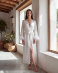 Pure White Feather Lace V-Neck Long Nightgown Robe