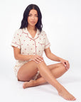 Women’s Cherry Print Pajama Set – Short Sleeve Lapel Top with Button Front and Elastic Shorts
