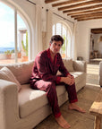 Men’s Pajama Set – Long Sleeve Satin-Look Sleepwear with Elegant Pattern