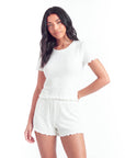 Women’s Short Sleeve Pajama Set – Jacquard Lace Trim Top with Matching Shorts