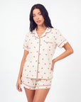 Women’s Cherry Print Pajama Set – Short Sleeve Lapel Top with Button Front and Elastic Shorts