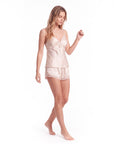 Women's Satin Cami Pajama Set – Lace Trim Backless Cami Top with Matching Shorts