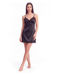Women's Satin Slip Dress – Lace Trim with Bow V-Neck and Adjustable Straps