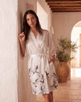Women’s Crane Print Kimono Robe – Lightweight Short Sleeve Dressing Gown