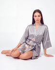 Women’s Crane Print Kimono Robe – Lightweight Short Sleeve Dressing Gown