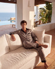 Men’s Pajama Set – Long Sleeve Satin-Look Sleepwear with Elegant Pattern