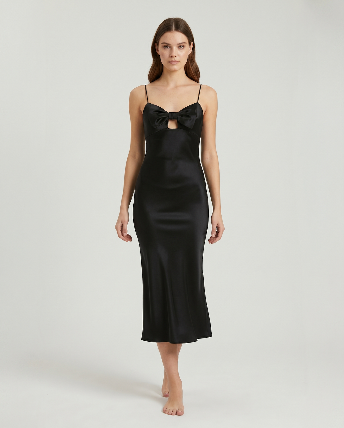 100% Mulberry Silk Evening Gown – Elegant Bow Design, Soft & Luxurious Formal Dress