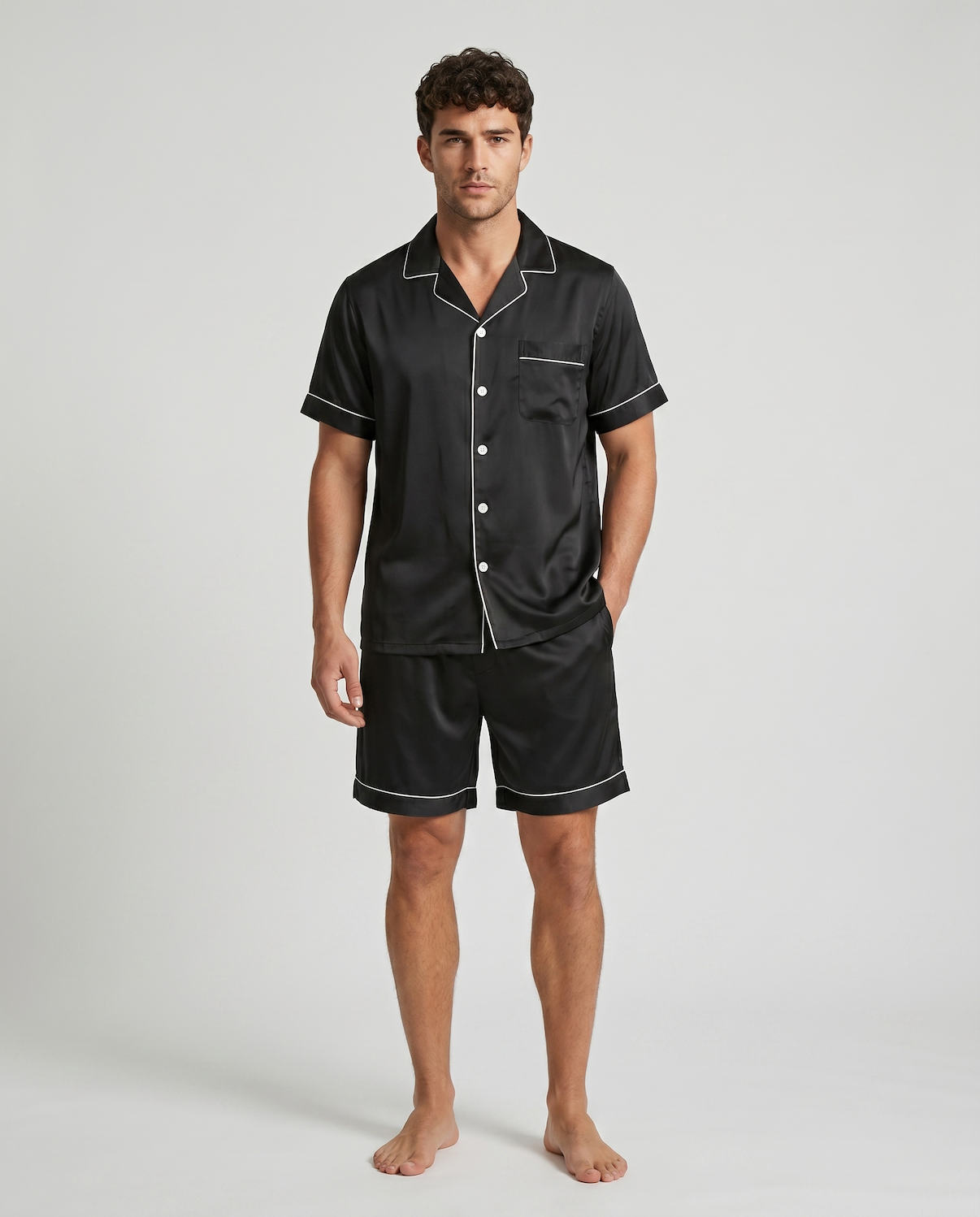 100% Mulberry Silk Men’s Silk Pajama Set – Short Sleeve Shirt & Shorts Nightwear