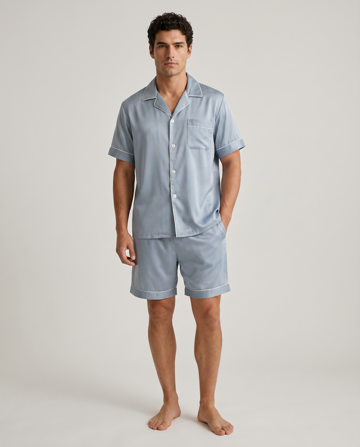100% Mulberry Silk Men’s Silk Pajama Set – Short Sleeve Shirt & Shorts Nightwear