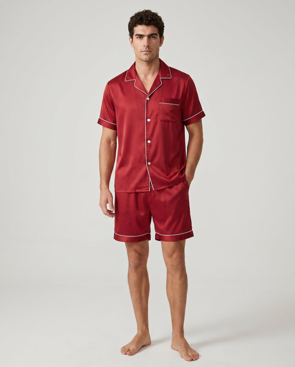 100% Mulberry Silk Men’s Silk Pajama Set – Short Sleeve Shirt & Shorts Nightwear
