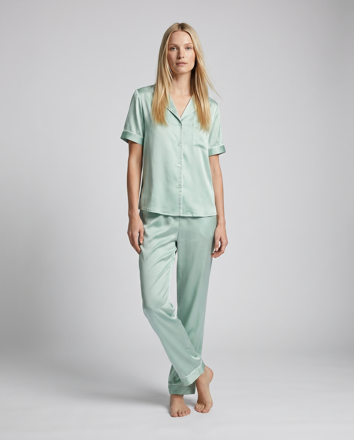 100% Mulberry Silk Pajama Set – Short Sleeve Button Top &amp; Long Pants