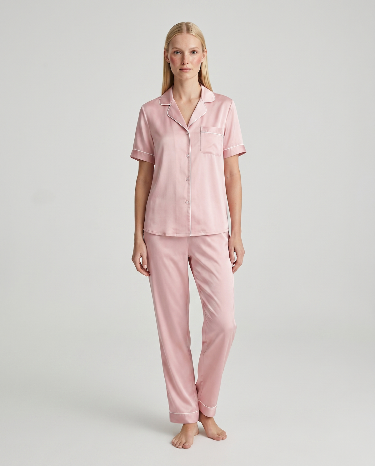 100% Mulberry Silk Pajama Set – Short Sleeve Button Top & Long Pants
