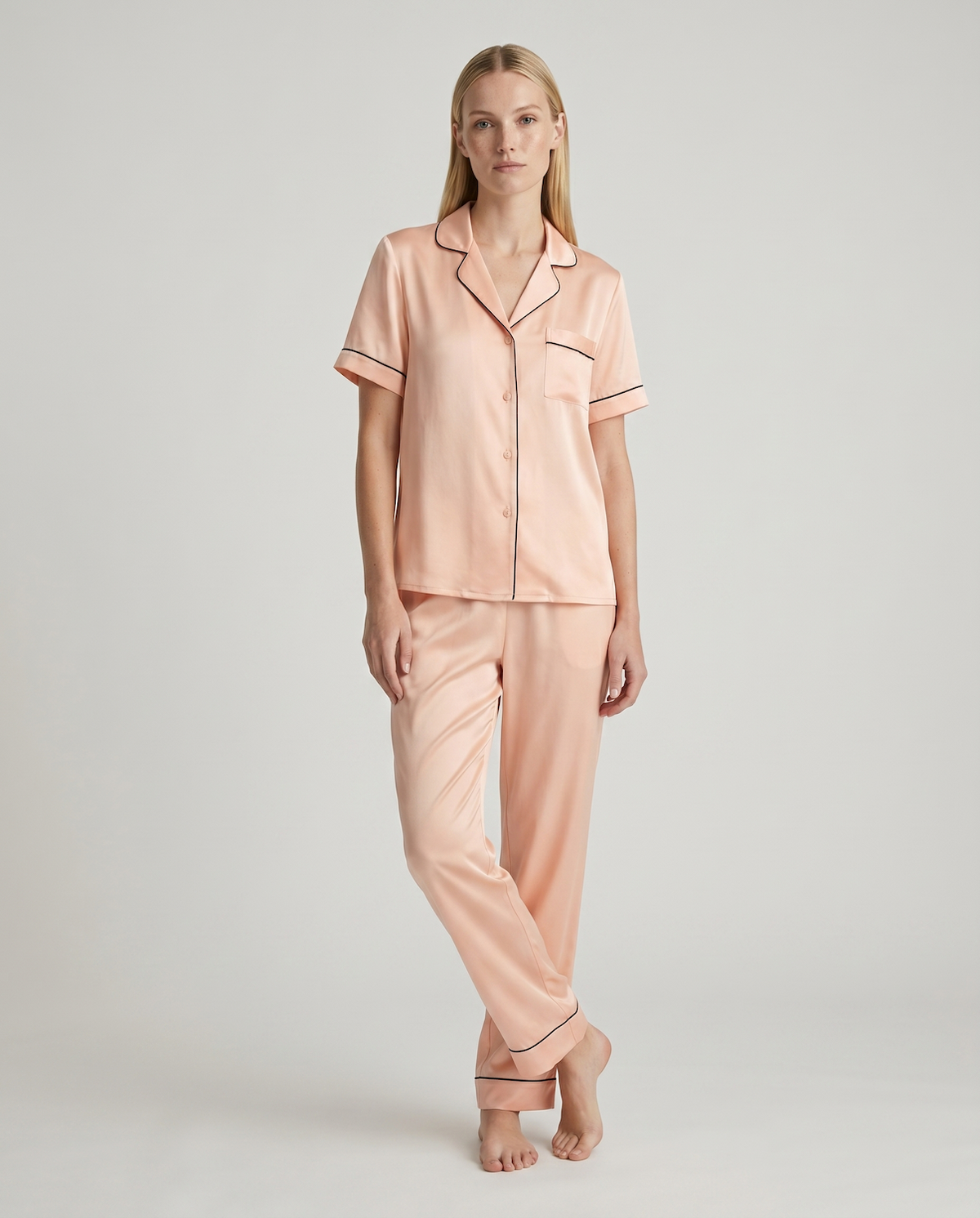 100% Mulberry Silk Pajama Set – Short Sleeve Button Top &amp; Long Pants