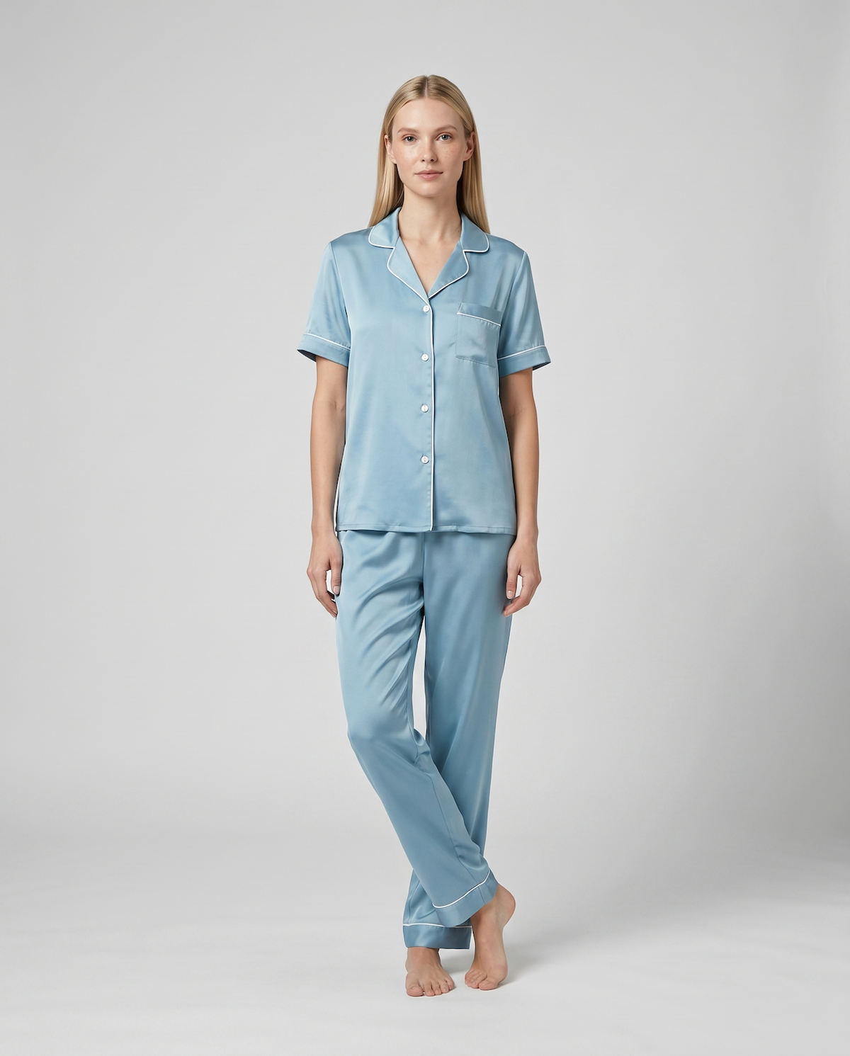 100% Mulberry Silk Pajama Set – Short Sleeve Button Top & Long Pants