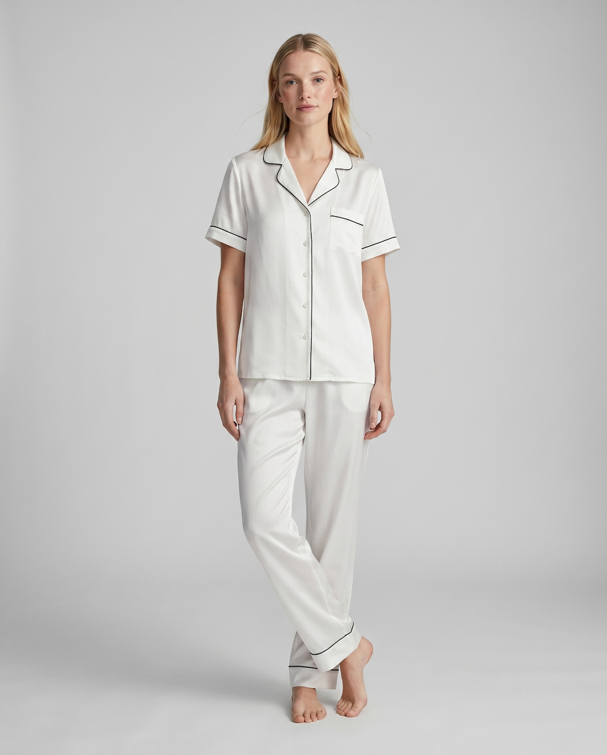 100% Mulberry Silk Pajama Set – Short Sleeve Button Top & Long Pants
