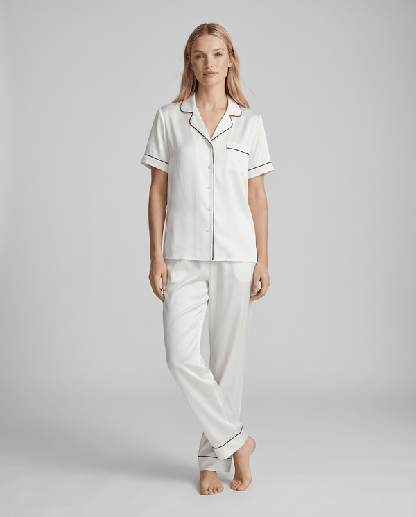 100% Mulberry Silk Pajama Set – Short Sleeve Button Top & Long Pants