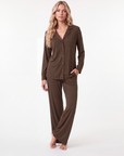 Women’s Pajama Set – Single-Breasted Lapel Coat with Full Sleeves and Straight-Leg Pants
