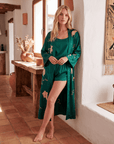 Emerald Green Floral Silk Kimono Robe – Elegant Long Sleeve Robe for Women