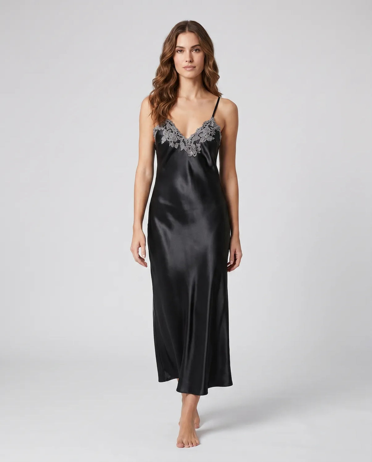 Arabella Faux Silk Maxi Nightgown – Elegant Lace Trim Sleepwear for Women