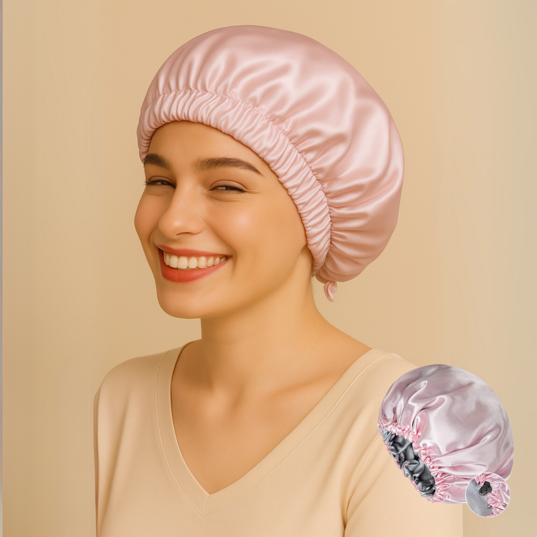 Double-Sided Silk Sleeping Cap for Women – Elastic Hair Care and Shower Cap with Button
