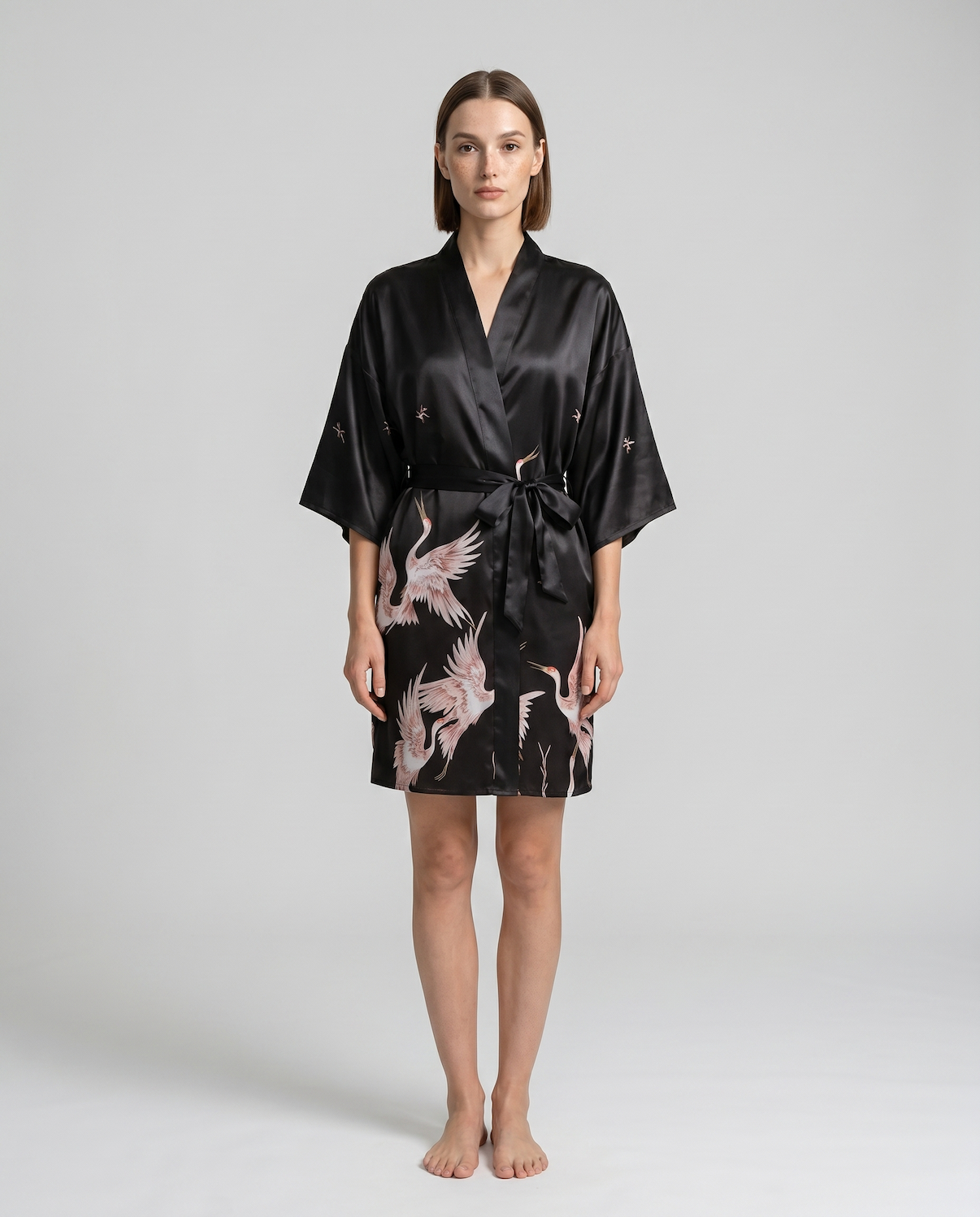Elegant Silk Kimono Robe with Crane Print – Lightweight Summer Bridal & Bridesmaid Dressing Gown