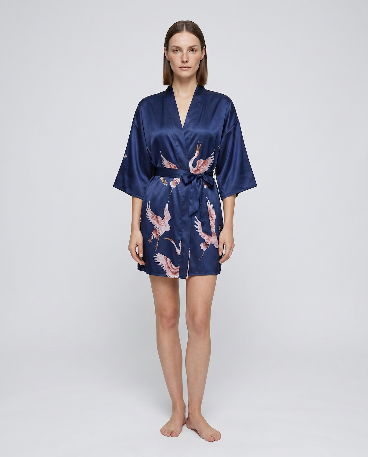 Elegant Silk Kimono Robe with Crane Print – Lightweight Summer Bridal & Bridesmaid Dressing Gown