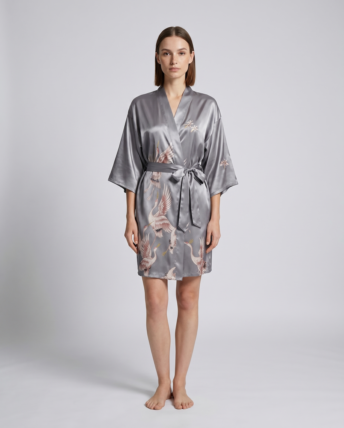 Elegant Silk Kimono Robe with Crane Print – Lightweight Summer Bridal & Bridesmaid Dressing Gown