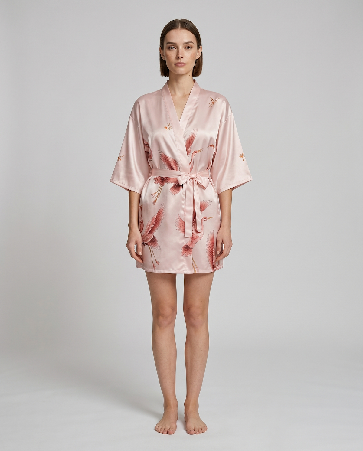 Elegant Silk Kimono Robe with Crane Print – Lightweight Summer Bridal & Bridesmaid Dressing Gown