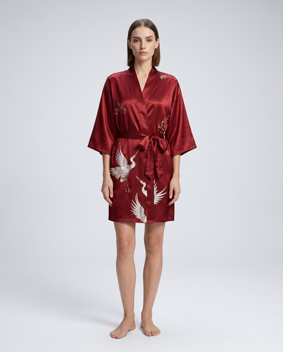 Elegant Silk Kimono Robe with Crane Print – Lightweight Summer Bridal & Bridesmaid Dressing Gown