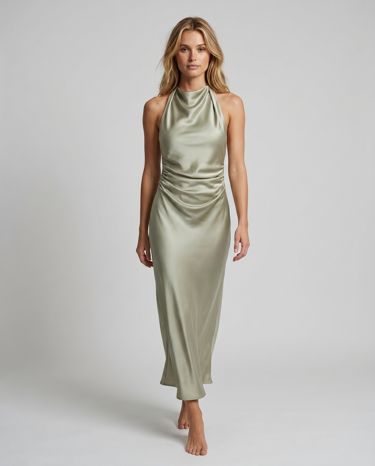 Elegant Sleeveless Silk Satin Midi Dress for Women – Chic Summer Fashion in Solid Color