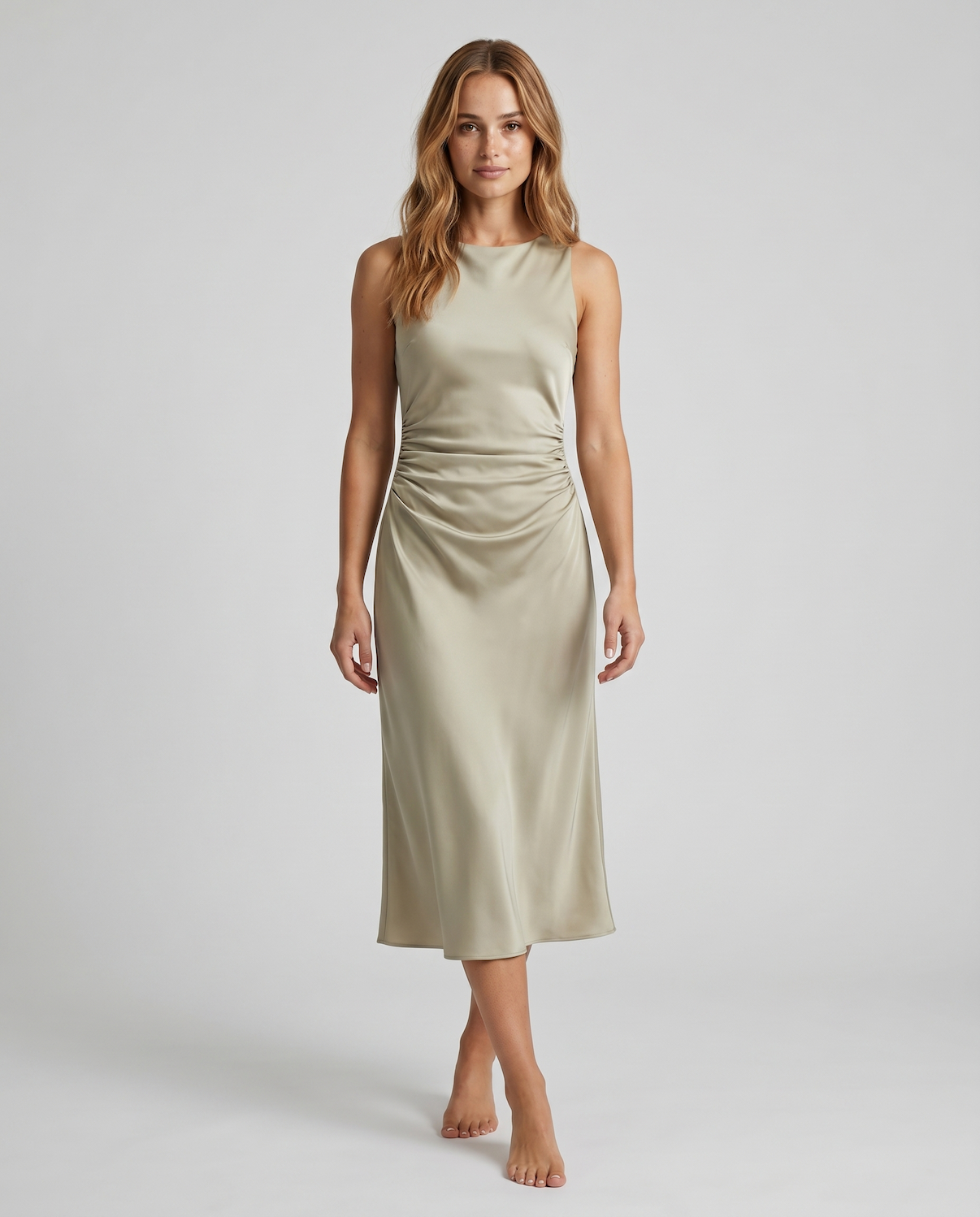 Elegant Sleeveless Silk Satin Midi Dress for Women – Chic Summer Fashion in Solid Color