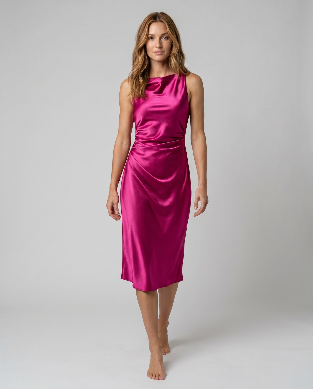 Elegant Sleeveless Silk Satin Midi Dress for Women – Chic Summer Fashion in Solid Color