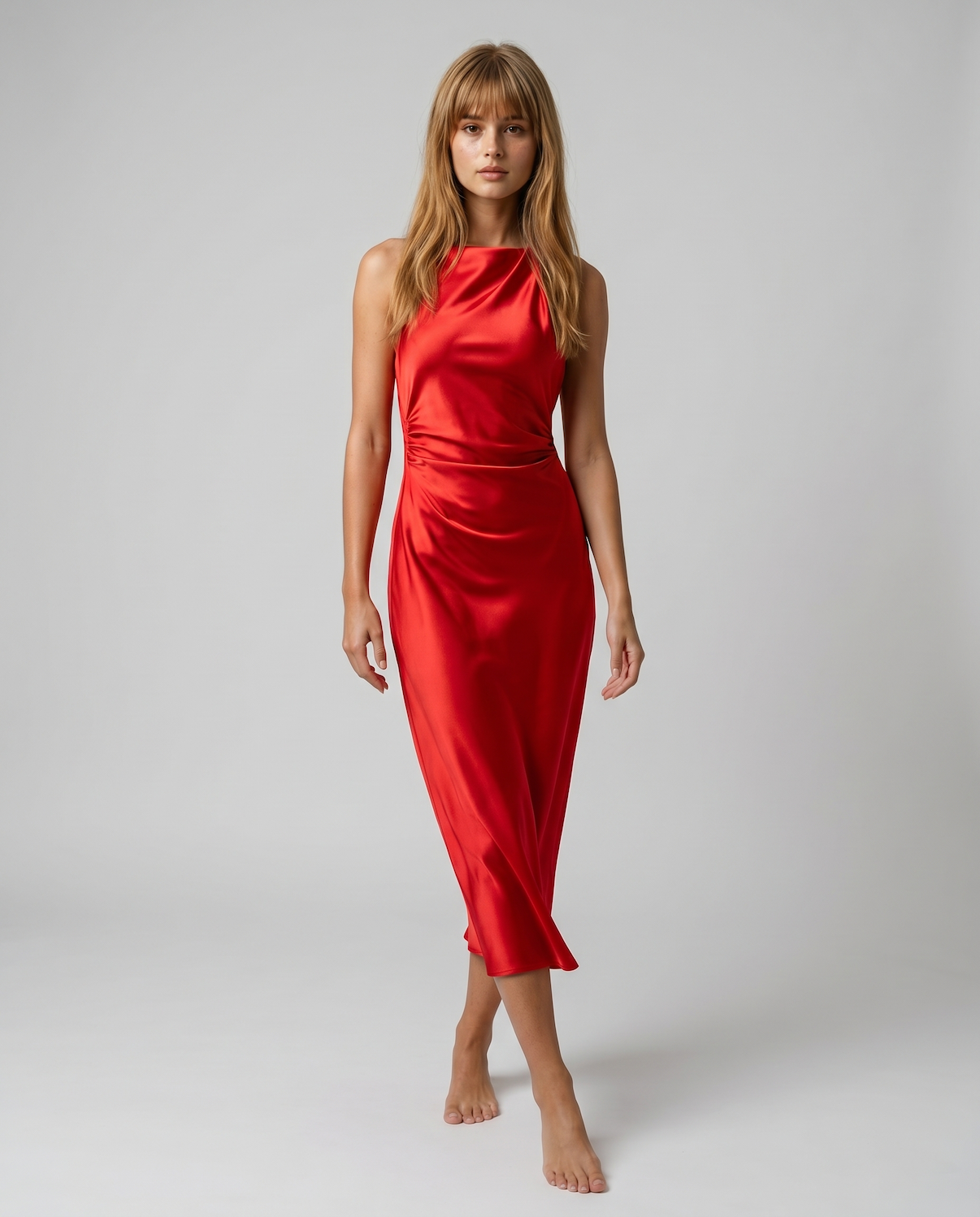 Elegant Sleeveless Silk Satin Midi Dress for Women – Chic Summer Fashion in Solid Color