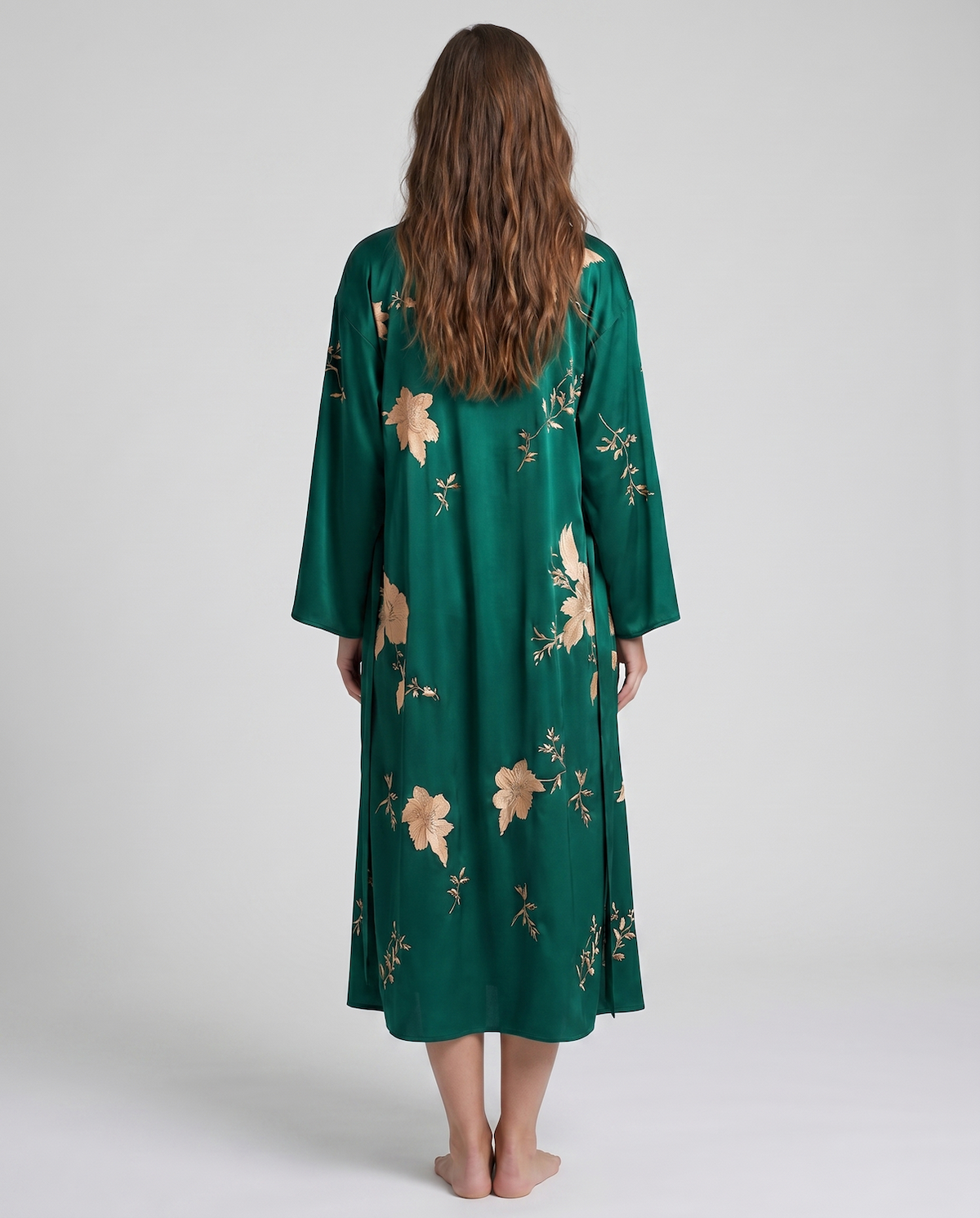 Emerald Green Floral Silk Kimono Robe – Elegant Long Sleeve Robe for Women