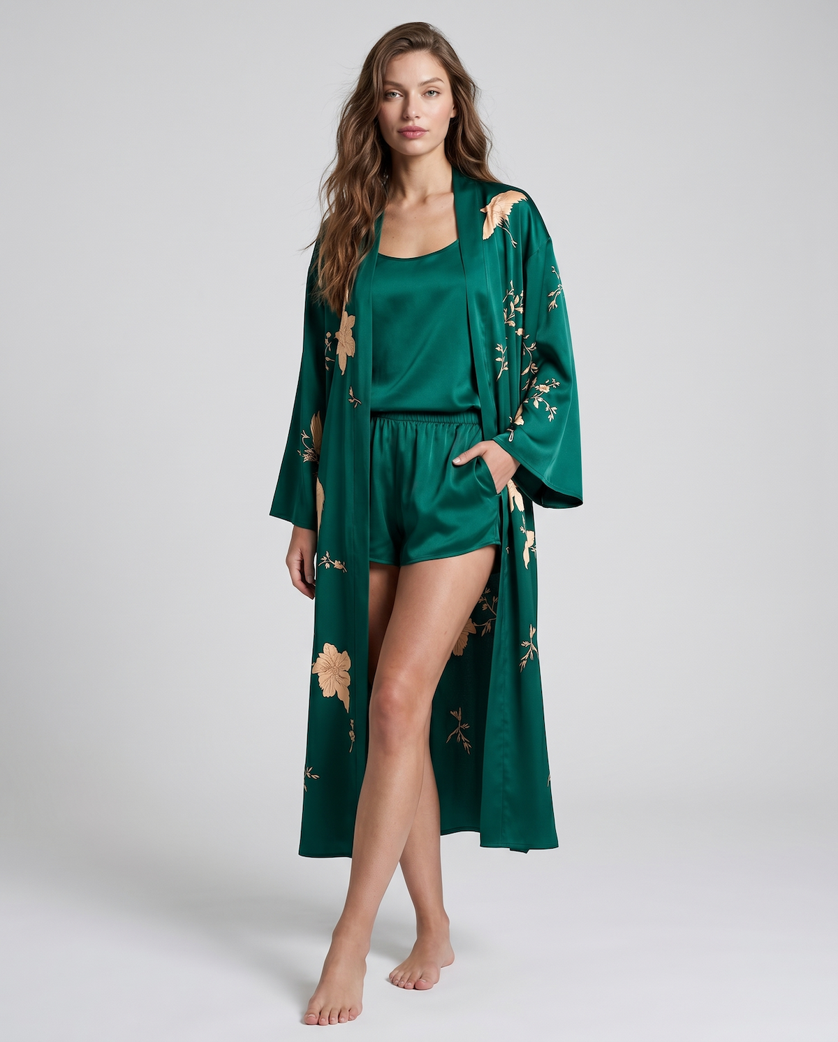 Emerald Green Floral Silk Kimono Robe – Elegant Long Sleeve Robe for Women