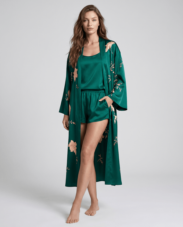 Emerald Green Floral Silk Kimono Robe – Elegant Long Sleeve Robe for Women