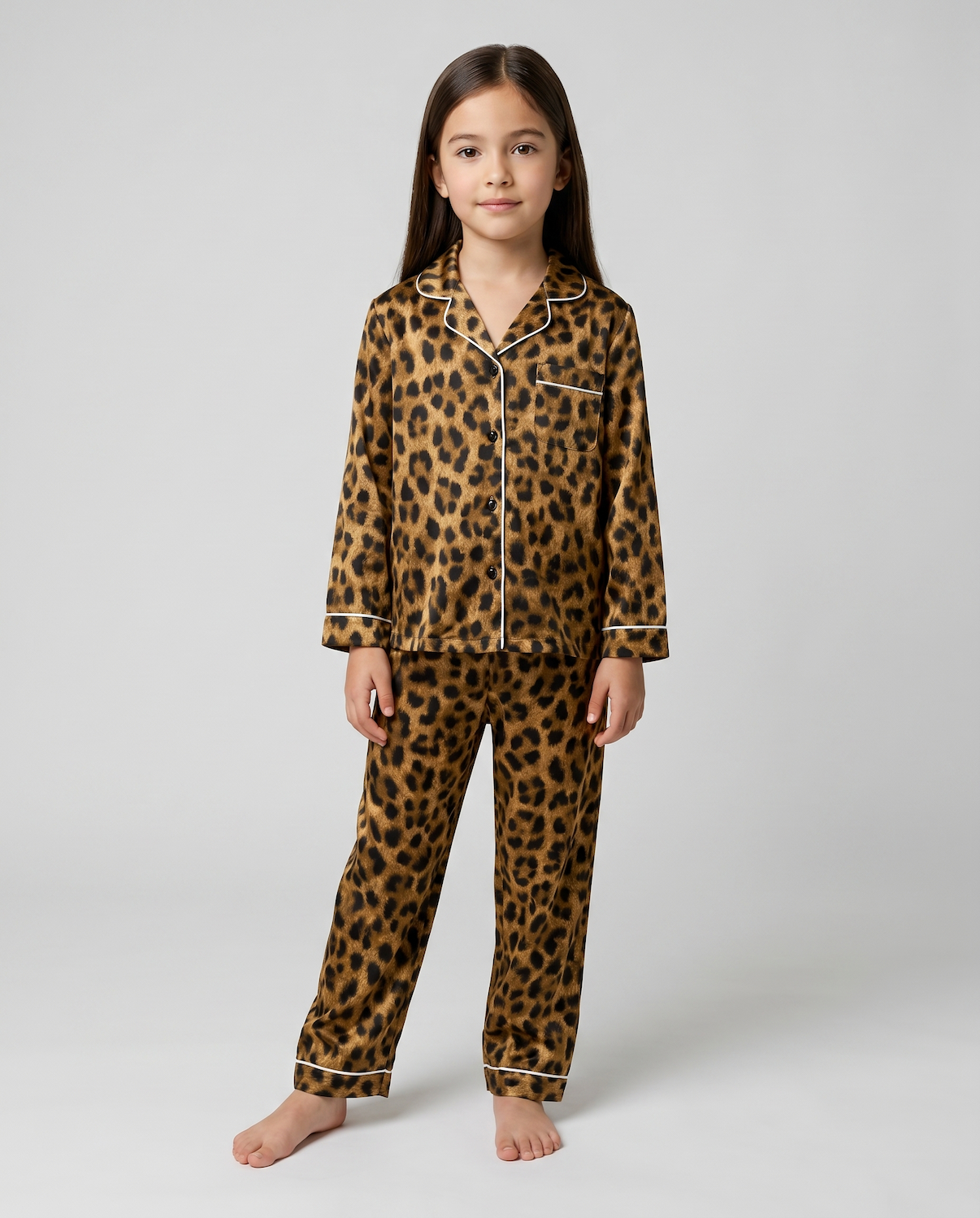 Kids Leopard Print Pajama Set – Girls Long Sleeve Sleepwear, Flame Resistant Nightwear