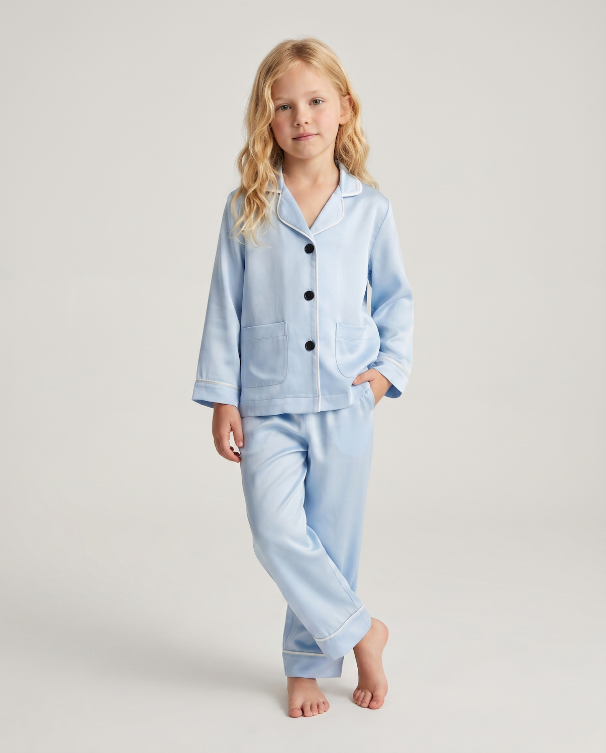 Kids’ Light Blue Satin Pajama Set – Comfortable Long Sleeve Sleepwear