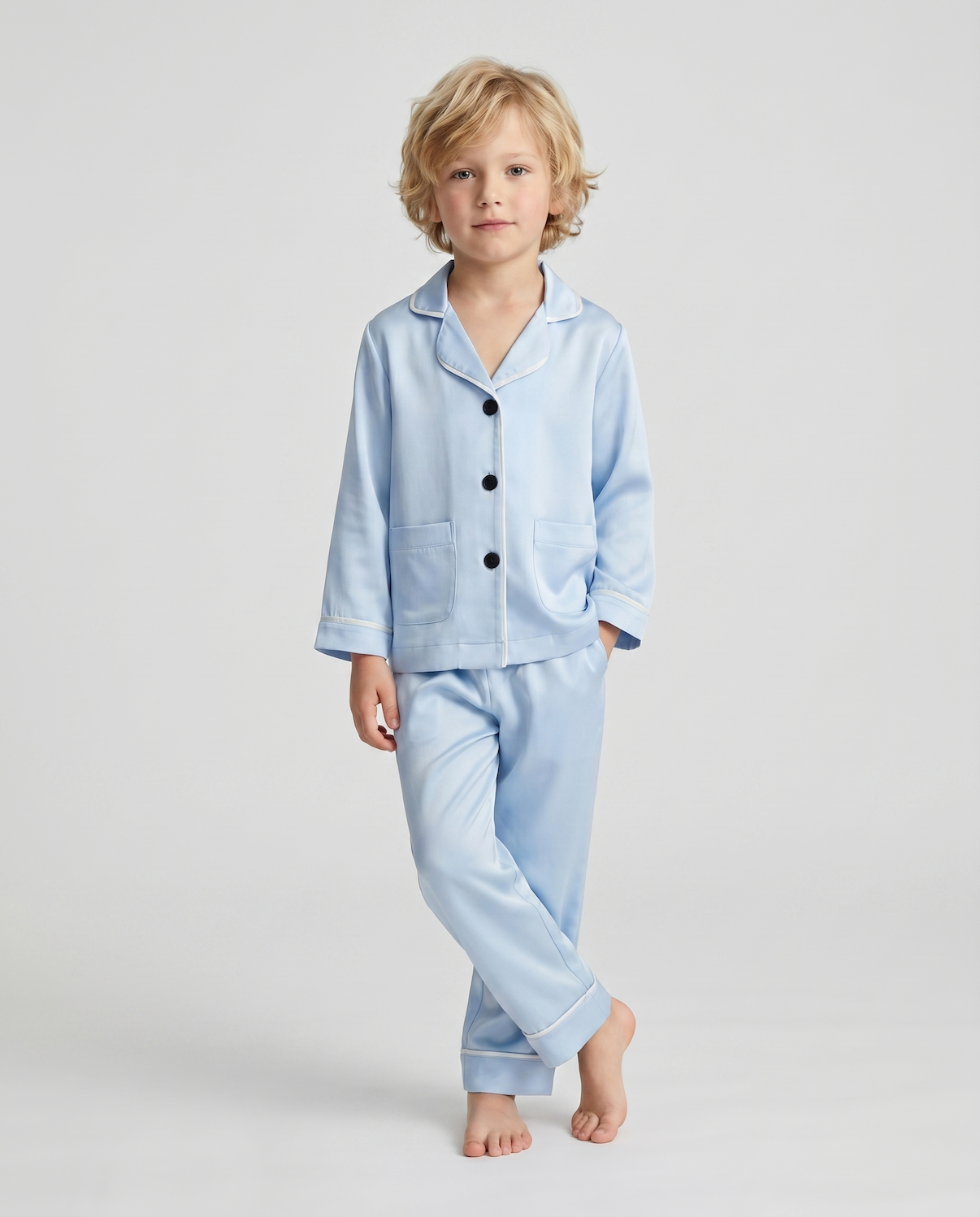 Kids’ Light Blue Satin Pajama Set – Comfortable Long Sleeve Sleepwear