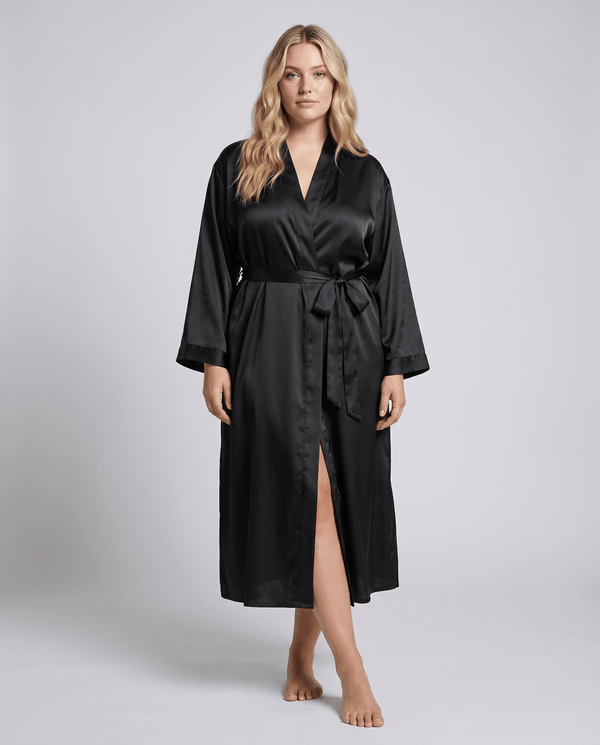 Luxurious Satin Kimono Robe with Contrast Trim – Long Sleeve, Belted, Machine Washable