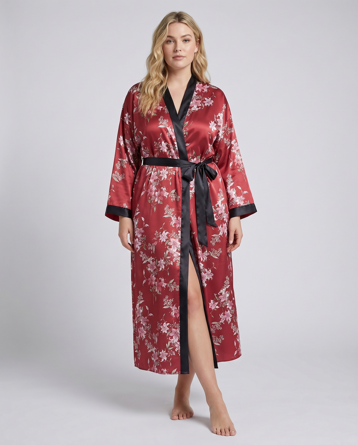Luxurious Satin Kimono Robe with Contrast Trim – Long Sleeve, Belted, Machine Washable