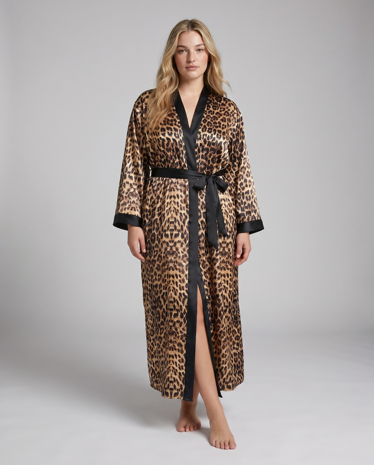 Luxurious Satin Kimono Robe with Contrast Trim – Long Sleeve, Belted, Machine Washable